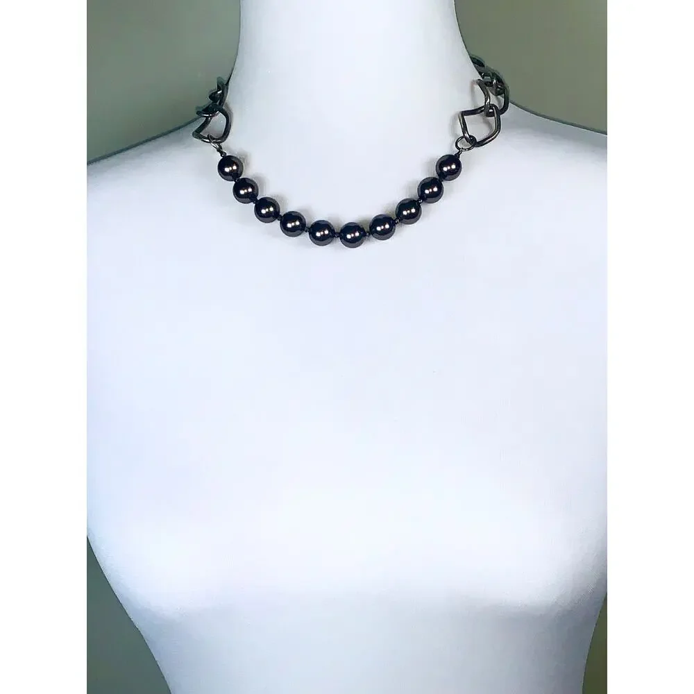 Vintage Silver Tone Faux Tahitian Pearl Statement Necklace EUC